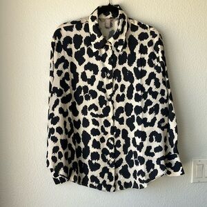 H&M Satin Black and Cream Animal Print Button Down Shirt